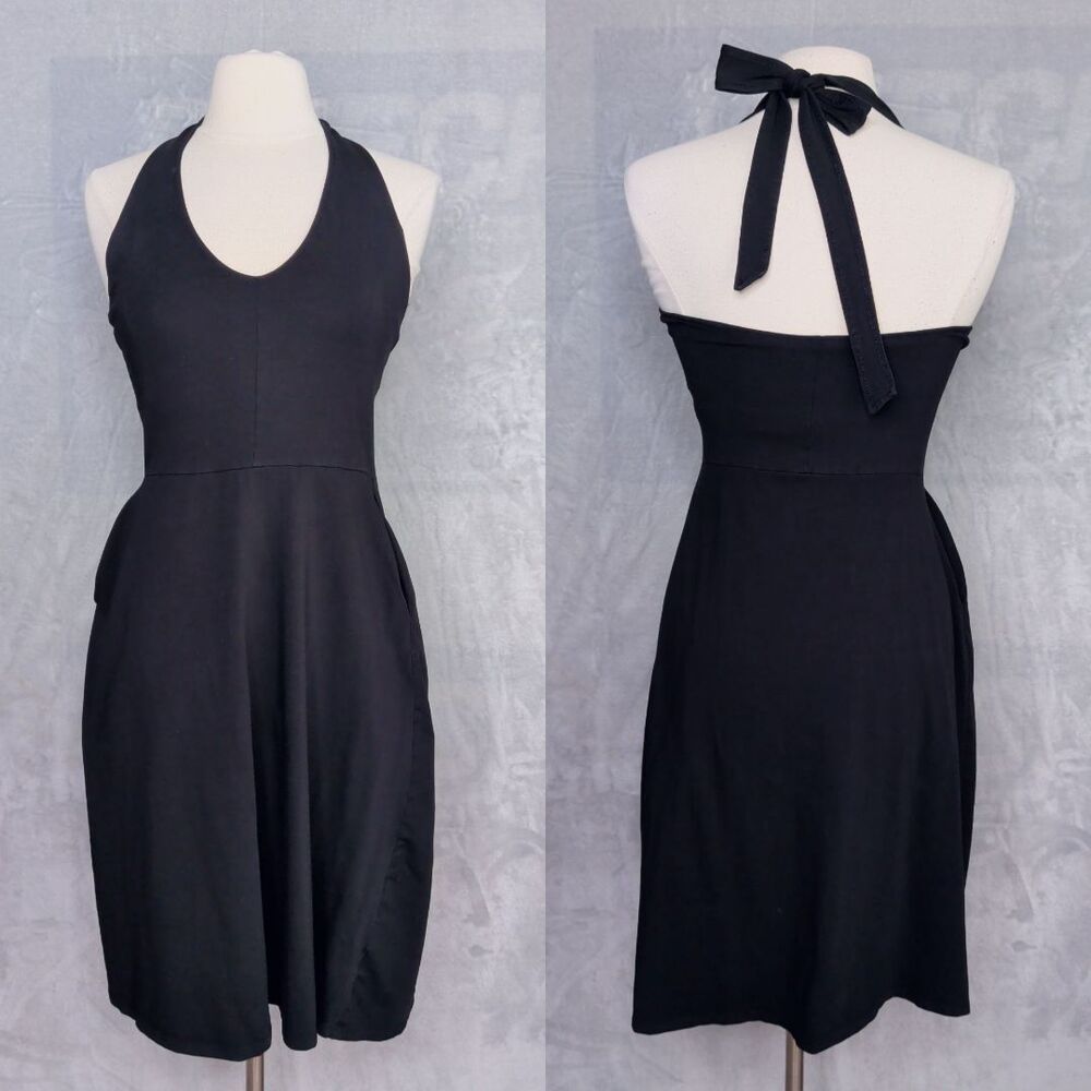 PACT Black Halter Neck Mini Dress Size M Shelf Bra Open Back Cotton Pockets